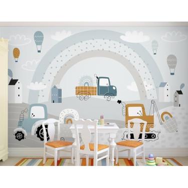 Imagem de Buiory 303,8 x 210,8 cm papel de parede arco-íris de desenho animado grande 3D removível carro nuvens balão adesivo de parede murais adesivos de locomotiva para decoração de parede de quarto de