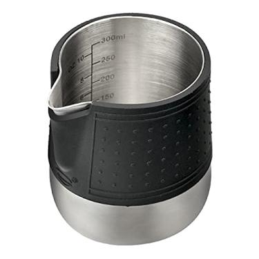 Imagem de HOMEE Jarra para espumar leite, jarra de vapor de leite de aço inoxidável de 340 g com bico arredondado, jarra de leite de expresso com pastilhas de silicone resistentes ao calor, máquina expresso, arte latte, prata