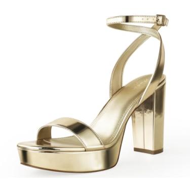 Imagem de Ankis Sandálias de salto plataforma femininas de 10 cm de salto grosso, confortável, bico aberto, salto bloco, nude, branco, prata, ouro, preto, salto com tiras no tornozelo para mulheres, Poliuretano