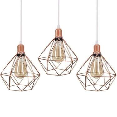 Imagem de Pendentes Luminárias Diamante Triplo de Luxo Cor Rose Gold Bocal Com Capa Fio Cristal Kit C/3