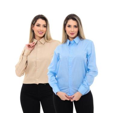Imagem de KIT Feminino 2 Peças - Camisa Social Premium Tipo Linho Bege e Azul Cl