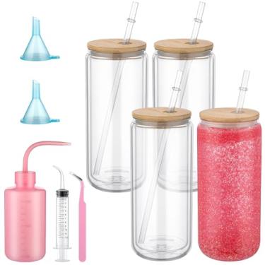 Imagem de Skylety 9 peças de globo de neve suprimentos para globo de neve com glitter, kit de copo de vidro faça você mesmo, presente de 473 ml, copo de parede dupla pré-perfurado com tampa e canudo espremedor