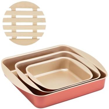 Imagem de Jogo de Assadeiras Forma Quadrada 03 Peças Antiaderentes + Descanso de Panela Redondo Madeira