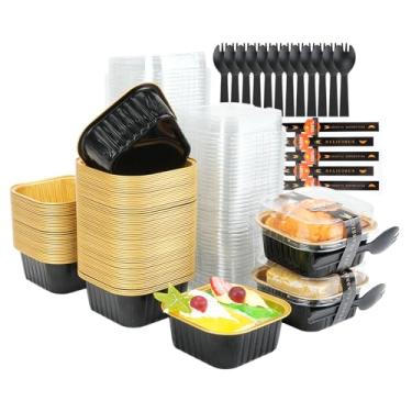 Imagem de RETON 100 Peças De Mini Formas De Bolo Com Tampas, Garfos E Adesivos, Forminhas De Bolo Quadradas De Papel Alumínio De 5 Oz, Recipientes Individuais Para Cupcakes, Ramequins De Papel Alumínio Para S