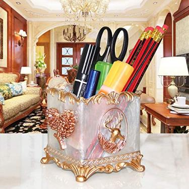 Imagem de Porta-lápis europeu dourado, luxuoso, com decoração de cervo, base de 1,2 m, caneta, papelaria, pincel de maquiagem, organizador de mesa, ornamentos (C)