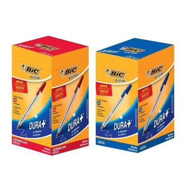 Imagem de Kit Caixa de Caneta Esferográfica Cristal 1.0mm 100 Unidades Azul e Vermelho - Bic