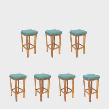 Imagem de Kit 07 Banqueta Alta Ben Gourmet Balcão Bistrô Cozinha Base Madeira Maciça Suede Azul Turquesa - Ahz Móveis