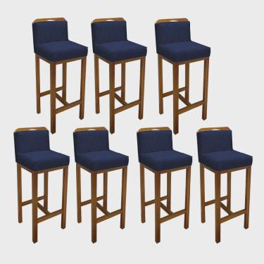 Imagem de Kit 07 Banqueta Alta Com Encosto Simon Cozinha Balcão Bistrô Base Madeira Castanho Suede Azul Marinho - Ahz Móveis