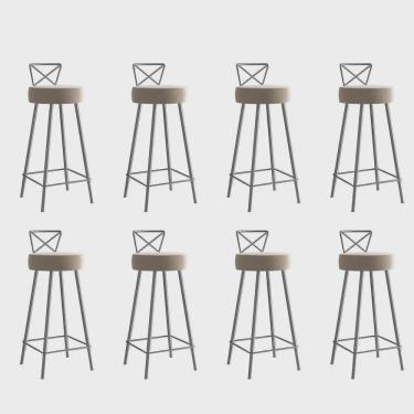 Imagem de Kit 08 Banqueta Alta Com Encosto Tânia Eiffel Cozinha Bar Bistrô Ferro Cinza Suede Bege - Ahz Móveis