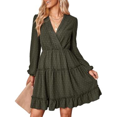 Imagem de Mulheres vestido v pescoço casual manga longa primavera vestidos curtos casamentos hóspedes renda de renda de cor sólida, verde, s