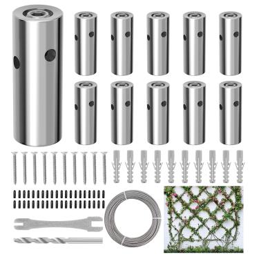 Imagem de RiaYer 10 Conjuntos De Cubos Cilíndricos, Sistema Kits Treliça Parede, Arame Para Plantas Trepadeiras Ao Ar Livre, Com Cabo Aço 53 Pés X 1/8", Inoxidável T316 Serviços Pesados, Wt002