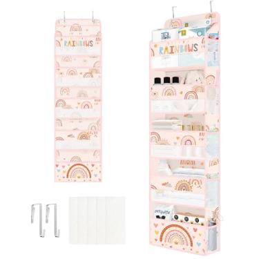 Imagem de Clastyle Organizador boho arco-íris sobre a porta com 5 bolsos rosa organizador de armazenamento para berçário para crianças, fraldas, brinquedo, nuvem, armário, prateleira, armazenamento para quarto,