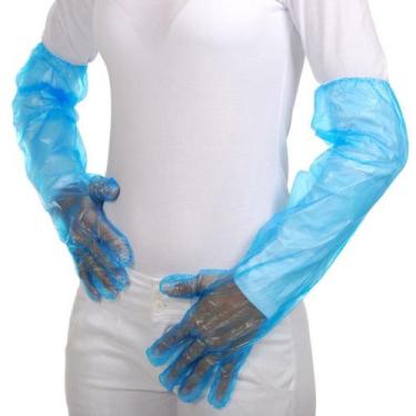 Imagem de Luva Plástica Azul Longa com Elástico Impermeável Água 100 Unidades - 
