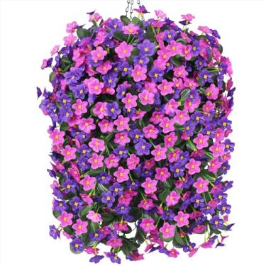 Imagem de Flores artificiais falsas para pendurar com cesta para decoração ao ar livre, seda sintética resistente a UV, roxo escuro e flores de orquídea fúcsia, videiras em plantador, cestas suspensas realistas