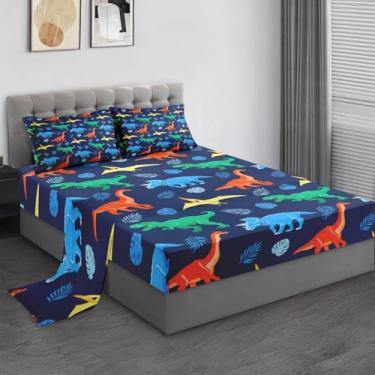 Imagem de Pamnest Jogo de lençol solteiro, azul e verde, dinossauro, 3 peças, decoração de quarto de crianças e adultos, lençol com elástico e 2 fronhas