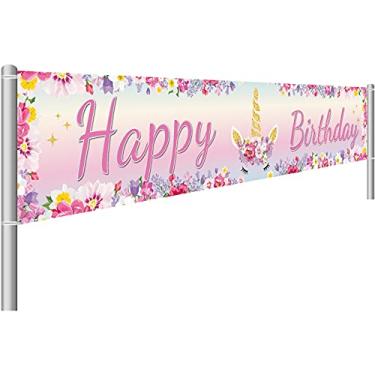 Imagem de Banner de unicórnio grande Happy Birthday Banner colorido com tema de unicórnio, placa de festa de aniversário para decoração de pendurar em ambientes externos e internos (0,4 x 2,5 m)