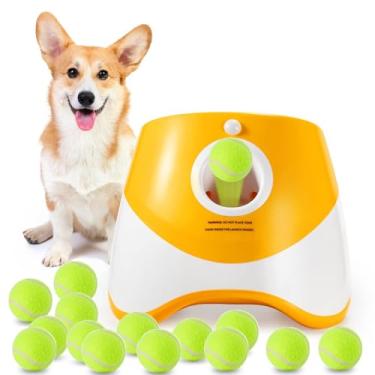 Imagem de Lançador automático de bolas para cães, lançador de bolas para cães com 15 mini bolas de tênis de 5 cm e bolsa de malha, lançador interativo de bolas de tênis para cães pequenos com 3 configurações de