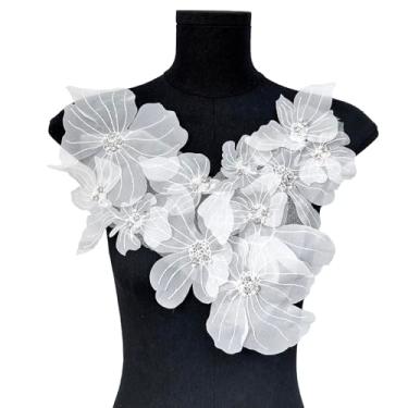 Imagem de JRYYR Aplique de renda de flores, adesivos de bordado 3D para vestidos, apliques de flores para roupas, bolsas, joias artesanais (branco-2)
