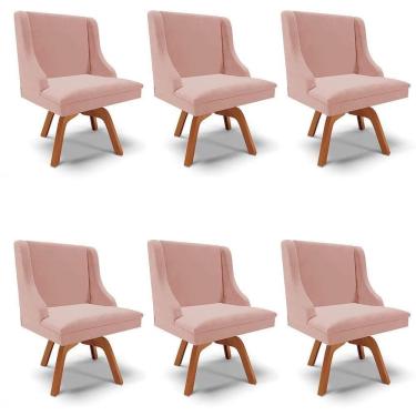 Imagem de Kit 6 Cadeiras Estofadas Base Giratória De Madeira Lia Veludo Rosê - Ibiza