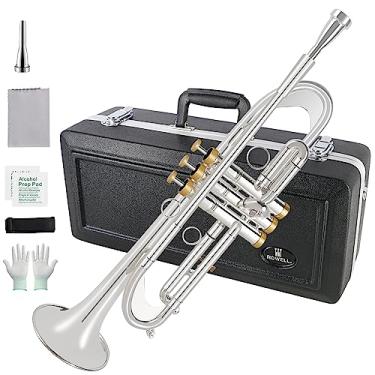 Imagem de ROWELL Trompete Bb, Trompete Profissional para Estudante, Conjunto de Trompete Padrão de Instrumentos de Latão, com Caixa de Trompete Profissional, Kit de Limpeza, Bocal de Trompete Original 7C, Pano e Luvas (Prata)