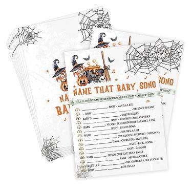 Imagem de Jogo de música de Halloween Name That Baby, jogo de Halloween para chá de bebê, decorações de chá de bebê, suprimentos de festa revelação de gênero de outono, 30 cartas de jogo e 1 chave de resposta -