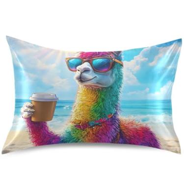 Imagem de Fronhas de cetim animal engraçado arco-íris lhama almofada refrescante padrão king queen fronha decoração de cama para casa, tamanho padrão, 66 cm x 50 cm