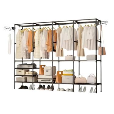 Imagem de Guarda Roupa Tipo Arara Tubular Preto Sapateira Cabideiro 4 Colunas Armário 10 Prateleiras Multiuso para Organização Completa Quarto Closet Expositor Versátil Multifuncional
