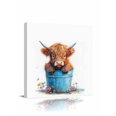 Imagem de Impressão em tela emoldurada em aquarela de vaca marrom, pintura em tela de flores de animais de fazenda, imagens de arte para casa, quarto, sala de estar, escritório, decoração pronta para pendurar