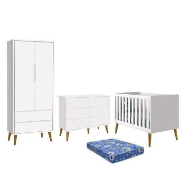 Imagem de Dormitório Theo 2 Portas, Cômoda 6 Gavetas, Berço Branco Fosco Com Pés Amadeirado E Colchão - Reller Móveis Branco Fosco