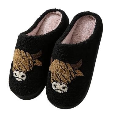 Imagem de GEBUFAW Pantufas de vaca para ambientes internos, Preto, 10.5-11.5 Women/9-9.5 Men