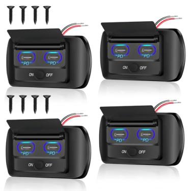 Imagem de Suporte de parede para painel de tomada USB de 72 W 12 V, PD3.0 duplo tipo C 36 W x 2 entradas de carregamento rápido LED para carro com interruptor de botão/tampa, adaptador de plugue USB automotivo