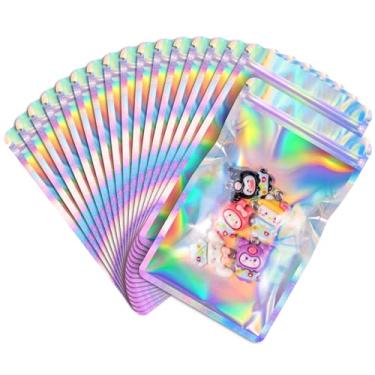 Imagem de FUNFERY Pacote com 100, sacos holográficos à prova de cheiro de janela transparente de canto redondo de 7,6 x 12 cm, sacos resseláveis Mylar, bolsa de embalagem para doces, joias, suprimentos para