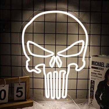 Imagem de Punisher Skull Neon Signs for Wall Decor Punisher Logo Neon Lights for Bedroom Led Signs Suitable for Man Cave Living Room Beer Bar Cafe Game Room Hotel Birthday Party Restaurant Christmas Led Art Wall Decorative Lights Unique Gift for Lover, 5V USB Power 16.5*13Inch(White)