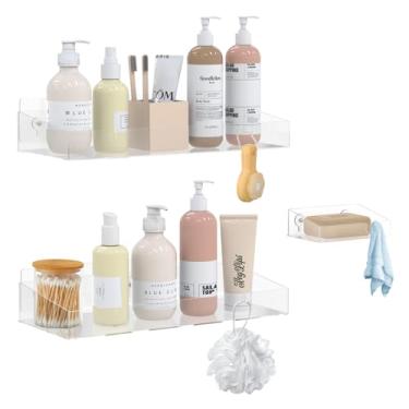 Imagem de Durmmur Prateleiras de chuveiro grossas de acrílico com saboneteira, pacote com 3 organizadores de suporte de banheiro adesivos transparentes, prateleira flutuante transparente para espelho de chuveiro de armazenamento montado na parede