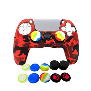 Imagem de Asokex Capa Protetora De Silicone Para Controle Ps5, Antiderrapante Playstation 5 Com 10 Capas Joysticks (Camuflagem Vermelha)