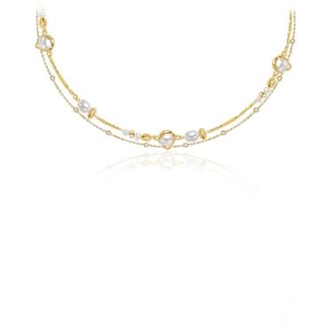 Imagem de Elegante e moderno colar de pérolas de água doce temperamento banhado a ouro 18K colar feminino requintado corrente de clavícula de pérola M3448, 15.35 inches (390mm) +2.95 inches (75mm), Latão, Sem