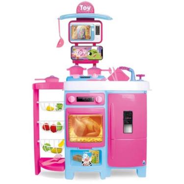Imagem de Brinquedo Bancada Cozinha Completa Toy Chef 0571 Samba Toys, Rosa e Az