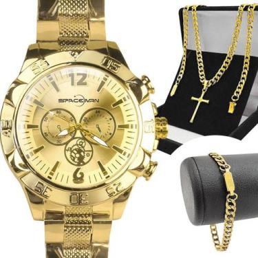 Imagem de Relogio Masculino Prova Dagua Dourado + Crucifixo + Pulseira - Orizom