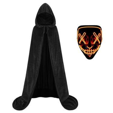 Imagem de AGCOAH Capa de veludo unissex com capuz para adultos com máscara luminosa masculina e feminina medieval renascentista Halloween bruxa cosplay poncho preto 130 cm