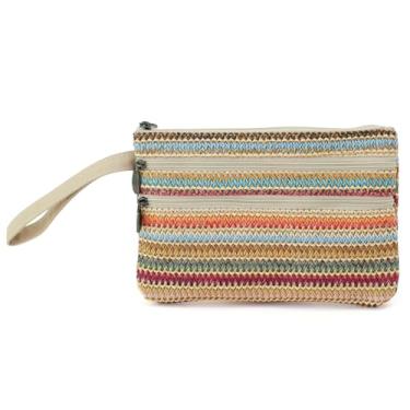 Imagem de BBORGDC Bolsa clutch com zíper com alça destacável, pequena bolsa transversal de tecido e bolsa de pulso, bolsa de palha trançada compacta para itens essenciais do dia a dia, férias na praia e