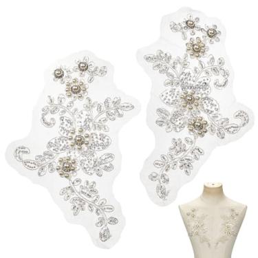 Imagem de MAYJOYDIY 1 par de apliques de renda de strass com contas de 22 x 14,5 cm com strass de liga e imitação de pérola ABS para decoração de vestido de casamento, roupas, vestido, acessório DIY