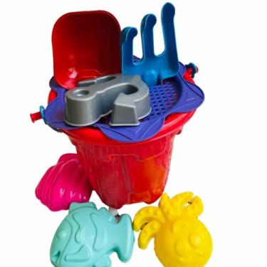 Imagem de Kit Baldinho de Praia de Brinquedo com 7 Peças - Diversão na Areia com Moldes, Pá, Rastelo e Muito Mais( Vermelho).