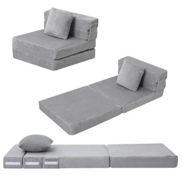 Imagem de MeMoreCool Cadeira de futon dobrável para crianças, colchão de sofá conversível cinza triplo para crianças, sofá de espuma para sentar