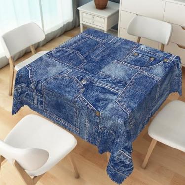 Imagem de TTQYFNM Toalha de mesa quadrada de retalhos jeans de 178 x 178 cm, romântica, índigo, diversos, poliéster, estilo jeans vintage, capa de mesa para cozinha, sala de jantar, piquenique, café, decoração