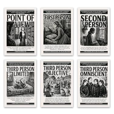 Imagem de 6 peças de pôsteres de elementos literários para sala de aula de inglês, capa de livros famosos em preto e branco literatura elementos bibliotecas impressões escolares em casa, arte de parede em tela