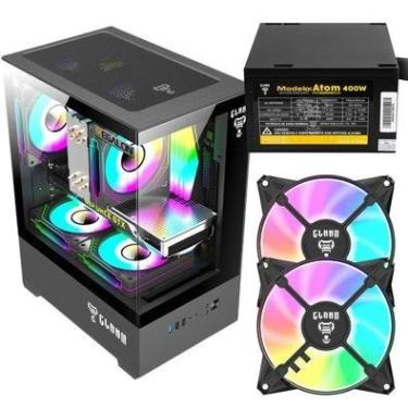 Imagem de Kit Gabinete Gamer Clanm Megalon Suporta Até 5 Ventoinhas 120mm E Cooler  Cpu Com Vidro Temperado + Fonte Atom 400w Atx + 2 Unid Fans RGB