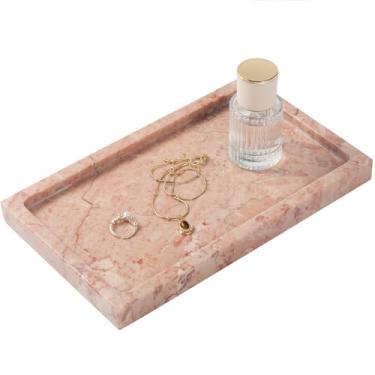 Imagem de Bandeja retangular de mármore natural, 25 x 15 cm, organizador de penteadeira rosa creme para banheiro, mesa de café e cozinha - base ponderada