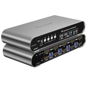 Imagem de Terived 4 computadores, 2 monitores HDMI, interruptor KVM automático 8K a 60Hz, comutação de teclas de atalho, EDID, com áudio e microfone, revestimento de alumínio com tela digital, hub USB 3.0