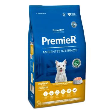 Imagem de Ração Premier Ambientes Internos Cães Filhotes Raças Pequenas Sabor Frango e Salmão 7,5kg