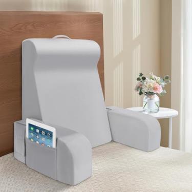 Imagem de LEBENGURU Travesseiro de leitura de cama de 61 cm para sentar na cama de adulto, almofada de suporte de encosto com alça de braço, almofada de cadeira de cama com capa removível e bolso para relaxar